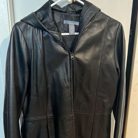 Hillard & Hanson Women's Black 100% Genuine Leather Zip Up Jacket Pockets Hood M - Picture 2 of 5
